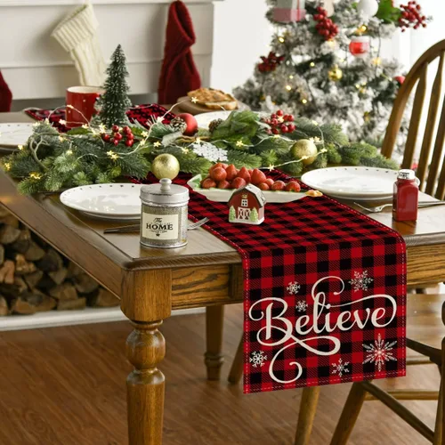Vista 2 de Artoid Mode Camino de mesa de búfalo rojo y negro, decoración de mesa de comedor para interiores y exteriores, decoración de fiesta en el hogar, 13