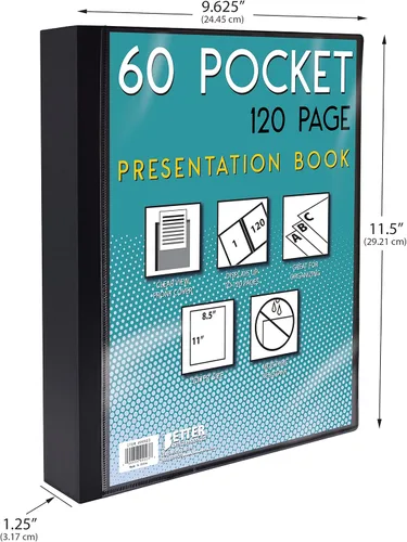 Vista 6 de Better Office Products Libro de presentación negro con 60 bolsillos, con cubierta frontal transparente, 120 páginas protectoras de hojas, hojas