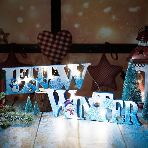 Vista 3 de Jetec 2 Piezas Invierno LED Copos de Nieve Centro de Mesa de Nieve Muñecos de Nieve Madera Señal Iluminada Adorno para Decoración de Bandeja