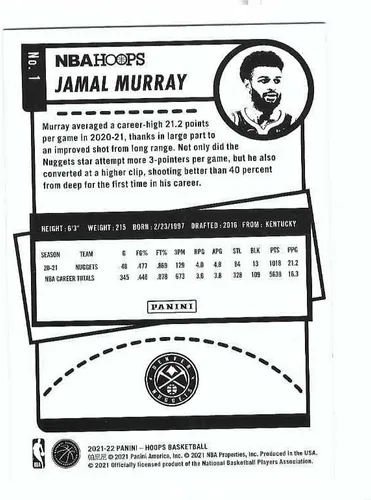 Vista 2 de JAMAL MURRAY 2021-22 Panini NBA Hoops #1 BLUE PARALLEL Card Denver Nuggets Basketball