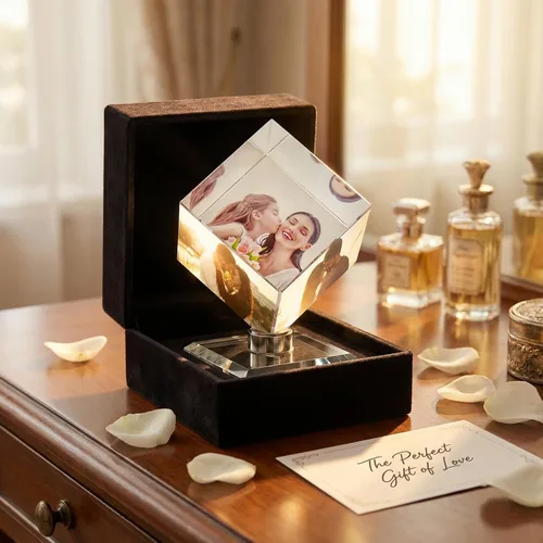 Vista 6 de VEELU Marco de collage de fotos personalizado, cubo de cristal giratorio en 3D, marco de fotos personalizado para boda, regalo de recuerdo