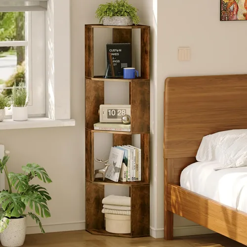 Vista 5 de Estantería de madera de 4 niveles, estante independiente para libros, organizador de almacenamiento abierto moderno para dormitorio, sala de estar