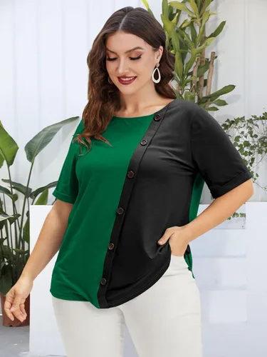 Vista 2 de Camisetas de talla grande para mujer, con botones de contraste, blusas casuales de verano, camisas de manga con puños
