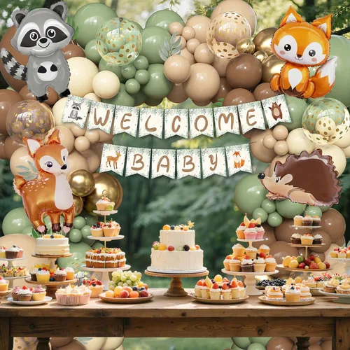 Vista 6 de 167 piezas Decoraciones de baby shower con temática de animales del bosque, kit de guirnalda de arco de globos con temática de bosque con pancarta