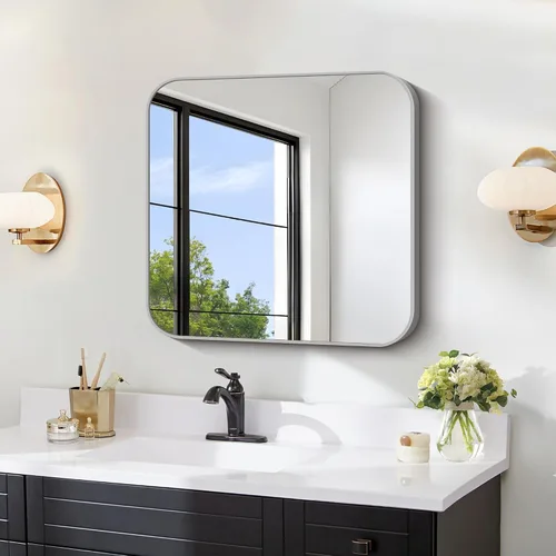Vista 14 de FORBATH - Espejo de baño negro para sobre lavabo, espejo de pared de 16x24 pulgadas con marco de metal, esquinas redondeadas para baño, dormitorio