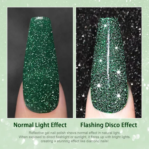 Vista 2 de RARJSM Esmalte de uñas de gel con purpurina verde, esmalte de gel reflectante con destellos de purpurina y diamantes, esmalte de uñas de gel