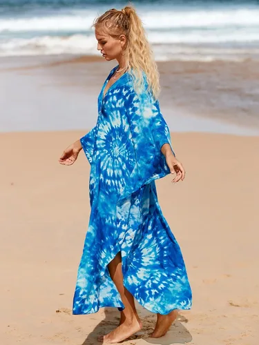 Vista 4 de Vestidos caftán para mujer, estampado étnico, vestido de playa estilo caftán, talla grande, salida de baño