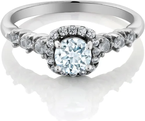 Vista 2 de Gem Stone King Anillo de compromiso de plata de ley 925 con topacio blanco y aguamarina para mujer de excelente corte para boda de lujo
