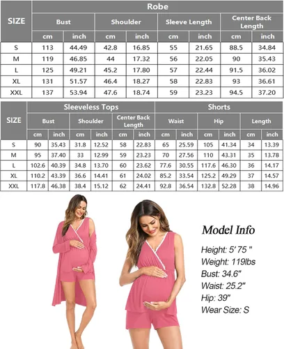 Vista 7 de SWOMOG Conjunto de pijama de maternidad para mujer con bata de 3 piezas, ropa de dormir sin mangas y pantalones cortos para embarazo
