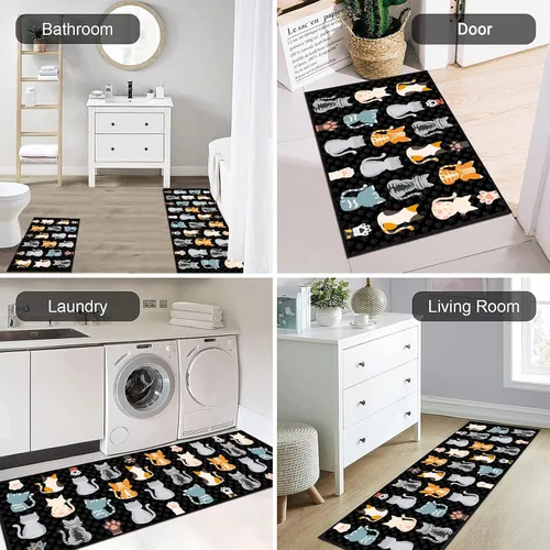 Vista 5 de JWXCBIM Juego de 2 alfombras de cocina con diseño de gato, decoración de estilo granja campestre, tapete de piso de cocina, alfombra antideslizante