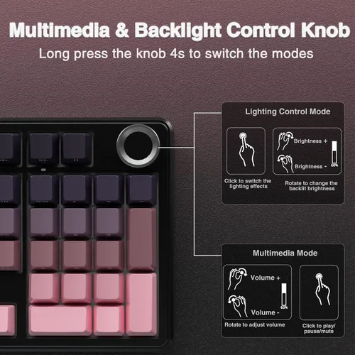 Vista 7 de AULA Teclado mecánico inalámbrico F99 Pro con perilla, Tri-Mode BT5.0USB-C2.4GHz Teclado intercambiable en caliente, estructura de junta, sonido
