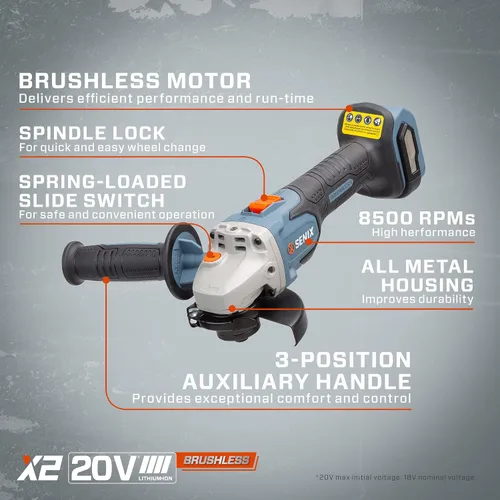 Vista 8 de SENIX PAX2115-M2-0 X2 20 Volt Max* Herramienta de amoladora angular sin escobillas de 4-1/2 pulgadas, 8500 RPM máximo, mango auxiliar de 3
