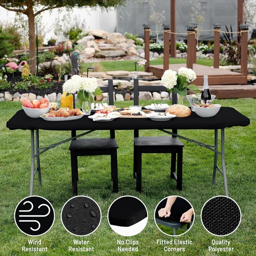 Vista 4 de Shamrock Home Mantel ajustable de poliéster de 6 pies, mantel rectangular elástico, mantel para mesas de 6 pies, funda de mesa de picnic para Negro