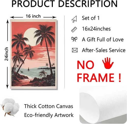 Vista 5 de Arte de pared vintage de paisaje marino retro, póster de playa con imagen de palmera, lienzo de árbol tropical, arte de pared, arte de océano