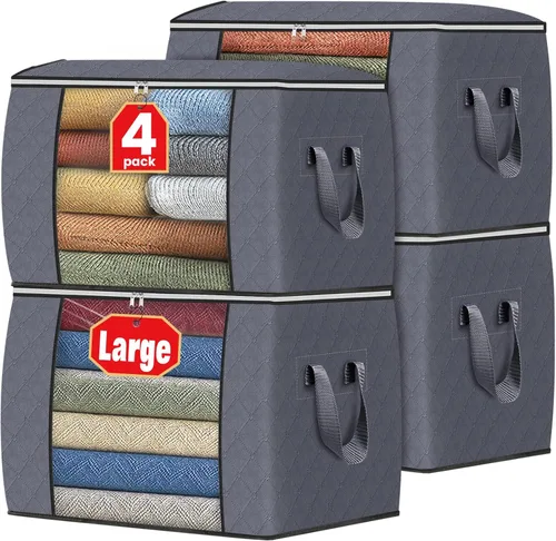 Vista 22 de Fab totes Paquete de 3 bolsas de almacenamiento plegables de tela gruesa, contenedores para organizar dormitorio, armario, ropa, edredón, Beige