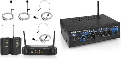 Vista 8 de Pyle Sistema de micrófono inalámbrico de 2 canales, juego de micrófono digital UHF portátil con 2 auriculares, 2 solapas, 2 transmisores, cable de ¼