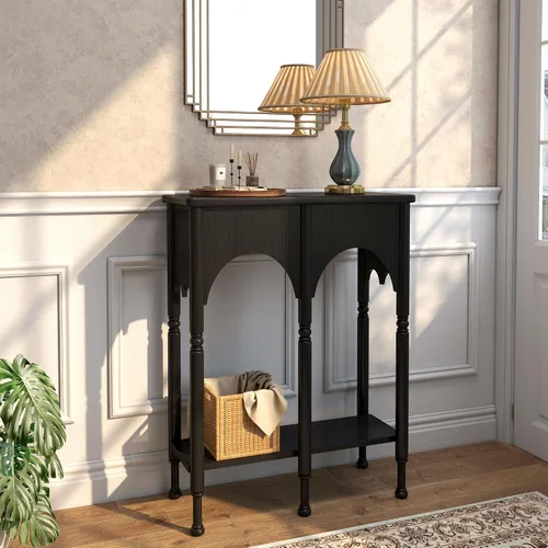 Vista 4 de Mesa consola con estante de almacenamiento, mesa de entrada pequeña y estrecha de 28 pulgadas Mesa de madera vintage con patas de estilo romano