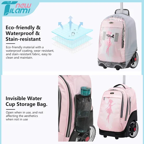 Vista 104 de NEW TILAMI Mochila con ruedas de 19 pulgadas con bolsa de almuerzo para niñas y niños, mochila para laptop con ruedas, bolsa de mano duradera
