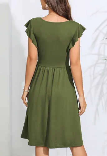 Vista 6 de Lamilus Womens Casual Summer Ruffle Sleeve V-Neck Button Down A-Line Swing Party Dress