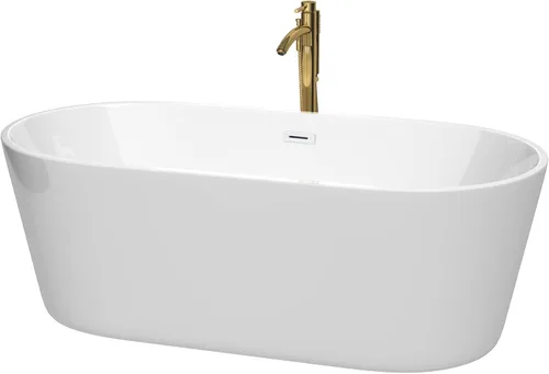 Vista 8 de Carissa - Bañera independiente de 60 pulgadas en color blanco con grifo montado en el suelo, desagüe y desbordamiento en negro mate