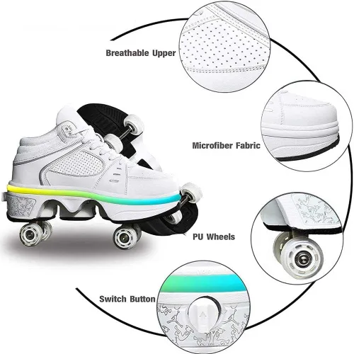 Vista 11 de Patines de ruedas para mujeres y hombres al aire libre, zapatos de parkour 2 en 1 con ruedas para niñas/niños, zapatos retráctiles de doble fila