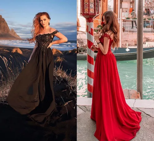 Vista 5 de Miao Duo Vestidos largos de graduación con hombros descubiertos para mujer, con abertura de encaje, apliques de gasa, vestidos formales de fiesta