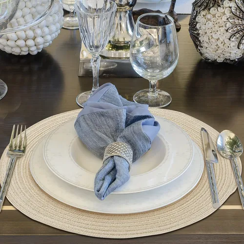 Vista 4 de 7 caminos de mesa bohemios y manteles individuales redondos bohemios entretejidos de macramé con borlas, decoración de comedor de granja