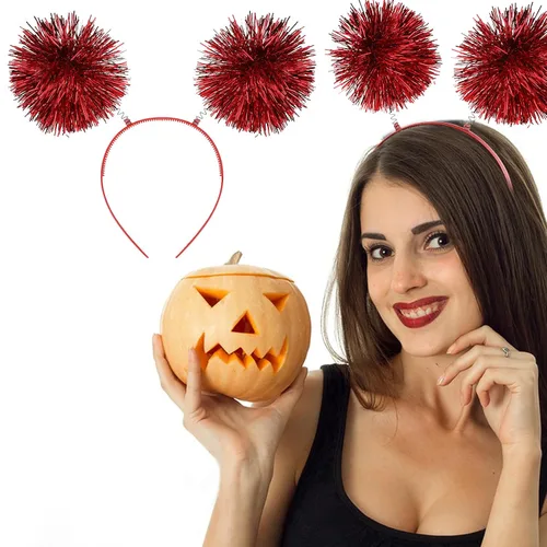 Vista 9 de Diadema con tiras de aluminio con pompones, diadema de oropel a la moda, bola esponjosa, lazo para el cabello, accesorios para el cabello
