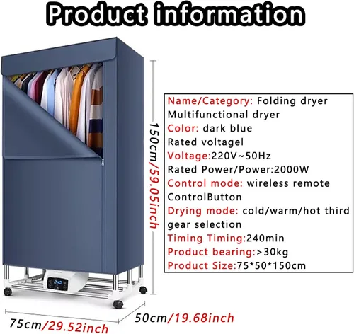 Vista 2 de Secadora de ropa eléctrica de 2000 W, Secadora de ropa portátil, Secadora de ropa eléctrica, 560L Secadora de ropa impermeable de gran capacidad