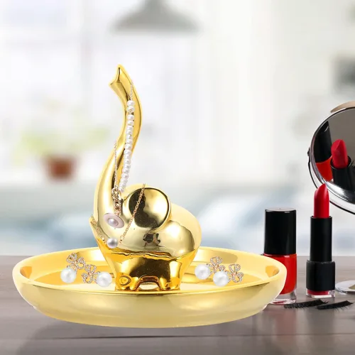 Vista 7 de OUNONA Plato de cerámica para joyas, bandeja para anillos, pulseras, aretes, plato de elefante dorado, adorno de escritorio para decoración