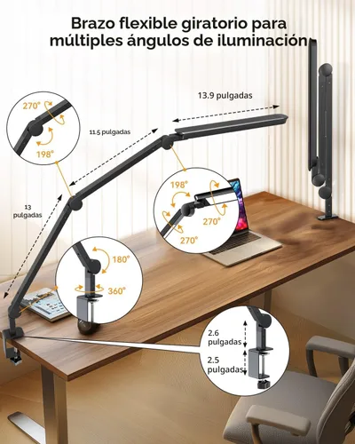 Vista 4 de Lámpara de escritorio LED con abrazadera, lámpara de escritorio de arquitecto con control remoto, luz de escritorio de brazo oscilante flexible