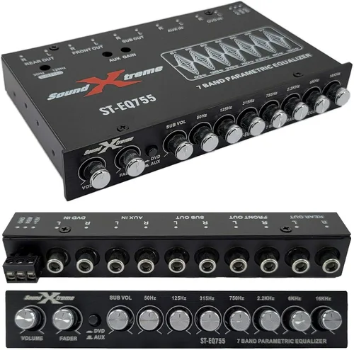 Vista 2 de SoundXtreme ST-EQ755 ecualizador paramétrico de audio para auto de 7 bandas de 1/2 din EQ con salida delantera, trasera + sub de 8 voltios RMS, tres