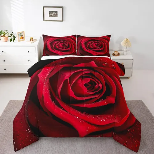Vista 19 de Juego de edredón de rosas rojas, tamaño individual, juego de ropa de cama floral rojo degradado negro para niñas, mujeres, niños, adolescentes