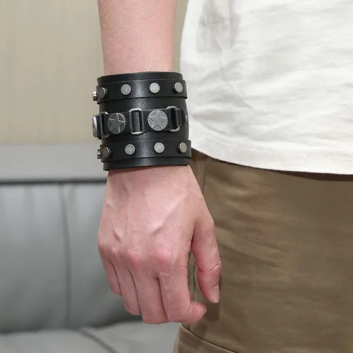 Vista 6 de Pulsera ancha de cuero con cinturón ancho para hombre, estilo punk, rock, moto
