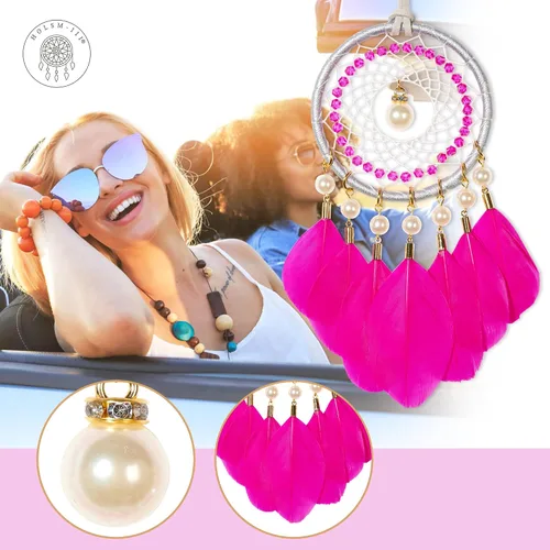 Vista 2 de Mini atrapasueños – Pluma de ganso con perla de lujo, cuero natural, pequeño atrapasueños hecho a mano para dormitorio, atrapasueños para niñas