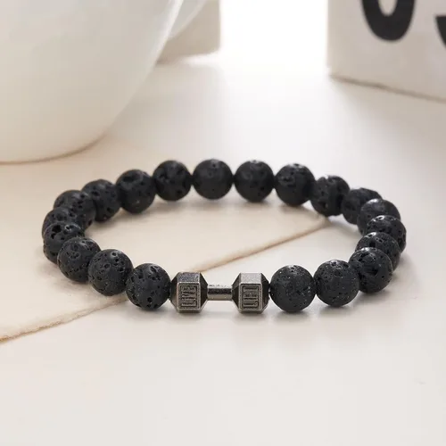 Vista 3 de Harlermoon Pulsera de gimnasia con mancuernas para hombres y mujeres, piedra de lava, ajustable, cuentas de piedra natural, pulsera de fitness