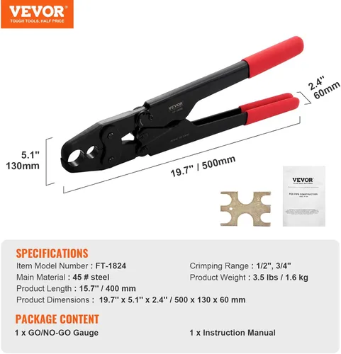 Vista 7 de VEVOR Herramienta de Crimpado PEX, Herramienta de Crimpado PEX Combo de Doble Cabezal para Anillos de Crimpado de Cobre PEX de 1/2" y 3/4