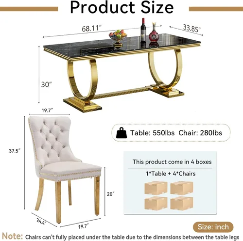 Vista 3 de Juego de 5 mesas de comedor, juego de mesa de cocina y comedor para 4, mesa de comedor rectangular de mármol sintético negro de 70 pulgadas con base