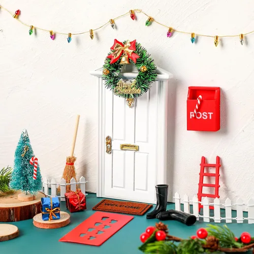 Vista 11 de Hungdao - 20 piezas de decoración en miniatura de madera para puerta de elfo de Navidad, puerta azul