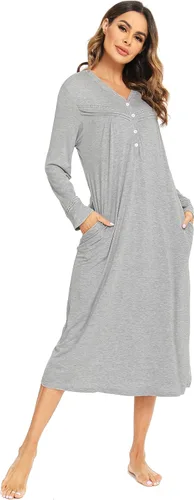 Vista 7 de Vlazom Camisones para mujer, cómodo, cálido, de manga larga, suave, con botones, con bolsillos, talla XXL