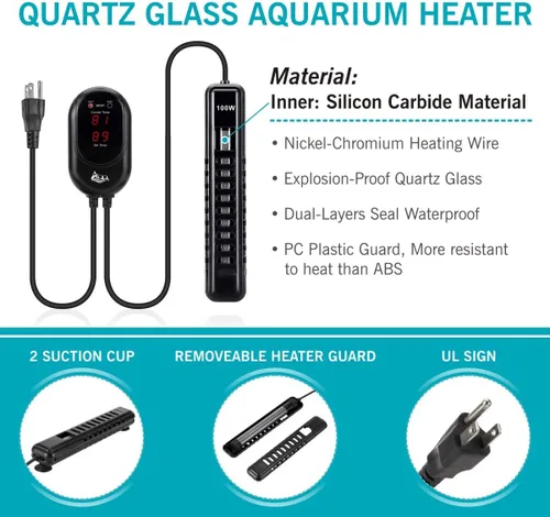 Vista 3 de AQQA Calentador de tanque de peces de 100 W para 25-35 galones, calentador sumergible de vidrio de cuarzo para acuario, calentador de peces betta