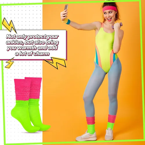 Vista 4 de Geyoga Calcetines de neón holgados, calentadores de piernas de neón de los años 80 y 90 para mujer, calcetines extra largos holgados suaves hasta