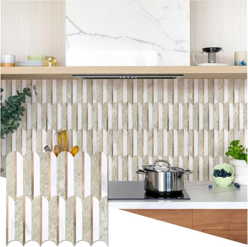 Vista 10 de 10 hojas de escamas de pescado para despegar y pegar para azulejos de pared de cocina, 12 pulgadas, mármol marrón, mezcla de metal dorado, azulejos