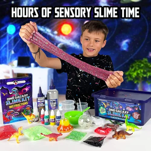 Vista 2 de Original Stationery Kit de slime de galaxia de dinosaurios para niños de 7 a 12 años, juego de slime DIY que brilla en la oscuridad con purpurina