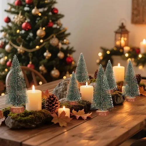Vista 5 de NUOLUX 6 mini decoraciones de árboles de Navidad, árboles de cepillo para botellas con base de madera, decoración de pueblo de Navidad