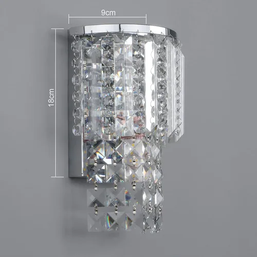 Vista 2 de Aplique de pared moderno de cristal K9 con cableado, acabado cromado, lámpara de pared con gotas de cristal acrílico para dormitorio y sala de estar