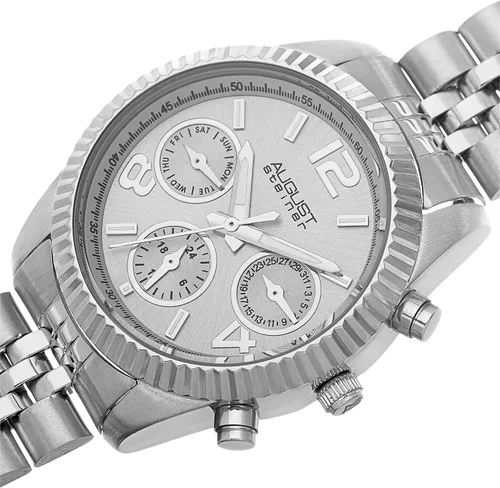 Vista 2 de August Steiner AS8103 - Reloj multifunción para mujer, 3 subesferas día, fecha y GMT - Bisel con bordes de monedas en pulsera de acero inoxidable
