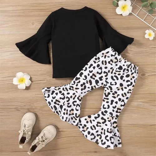 Vista 5 de SHAGMTLI Toddler Baby Girl Bell-Bottom Pants Leggings Outfit Suit Little Girls Flared-Sleeve Top + Leopard Printed Trousers