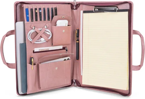 Vista 17 de Portafolio de cuero vegano para tamaño legal (8.5 x 14 pulgadas), portafolio portapapeles con asa, soporte para laptop de 15 pulgadas, organizador