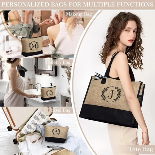 Vista 2 de YOOLIFE Regalos personalizados para mujeres, bolsa de yute con inicial y bolsa de maquillaje, regalos de cumpleaños para mujeres, mamá, esposa